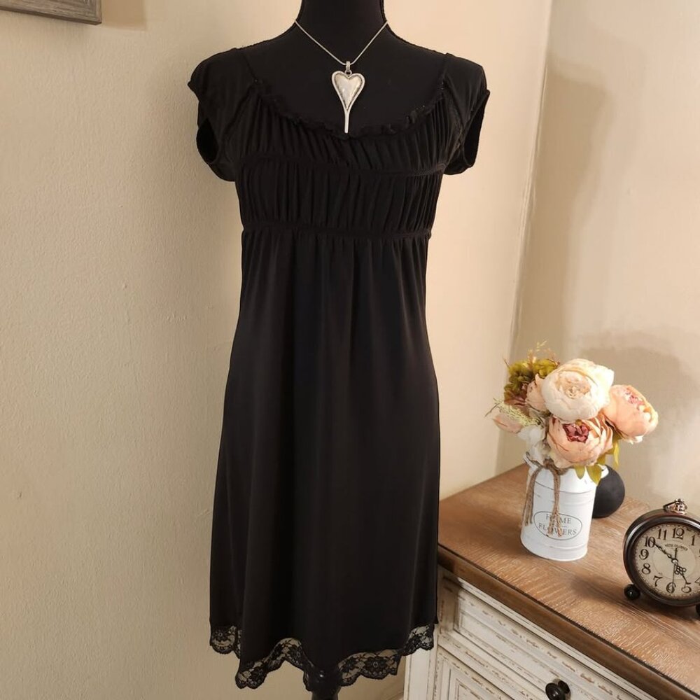 Black Empire Waist Dress with Lace Trim